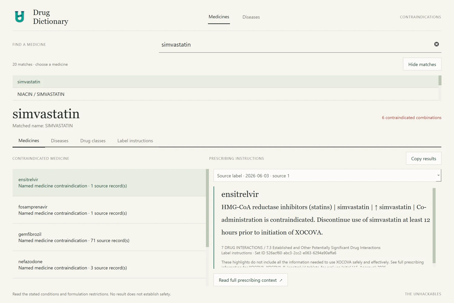 Drug Dictionary Windows application displaying medicine contraindications and prescribing information
