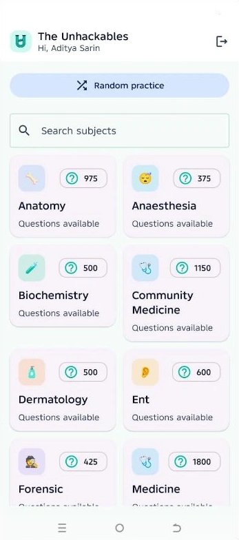 The Unhackables Medical Android app showing subject-wise question practice