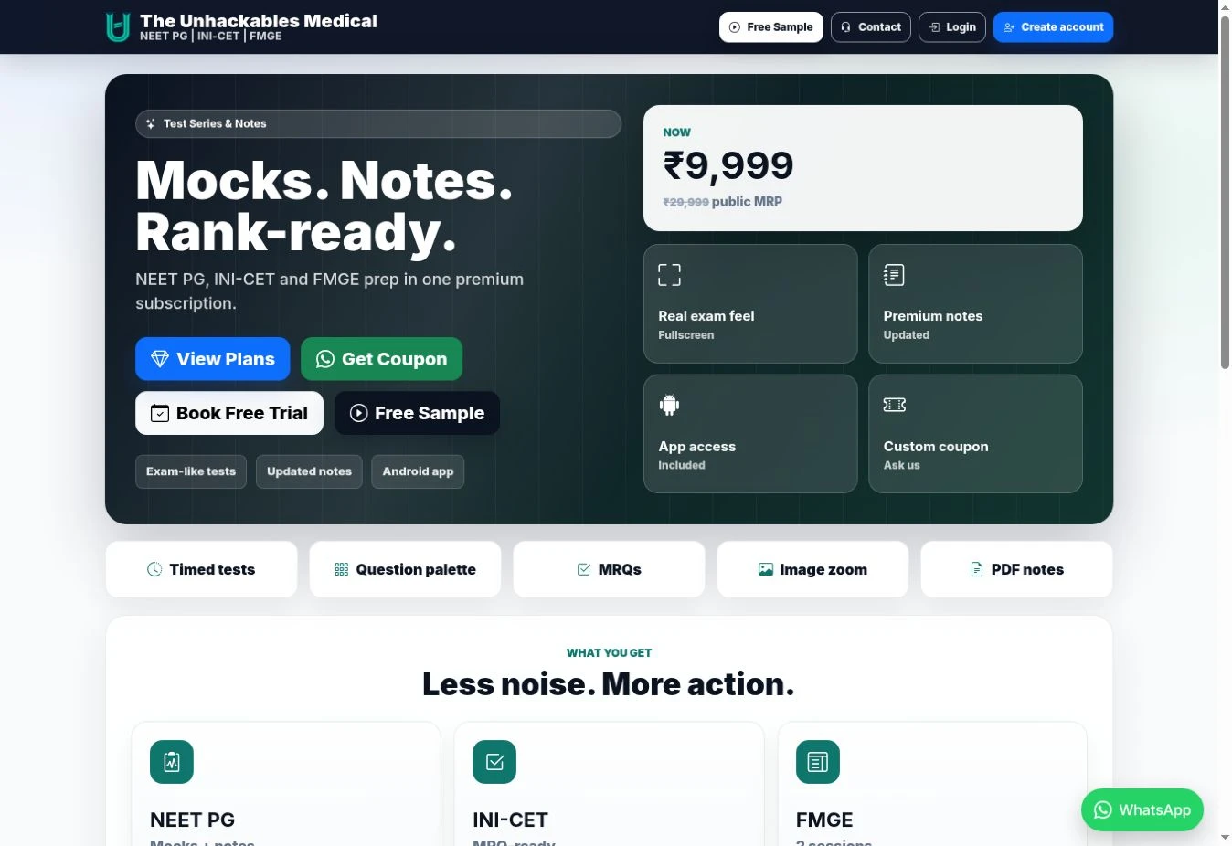 The Unhackables Medical website showing exam preparation, mock tests, notes and Android app access