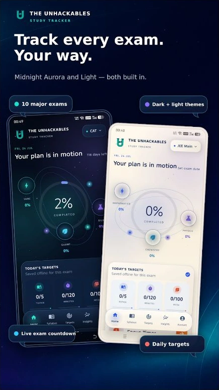 Official Study Tracker promotional screenshot showing its dark and light interfaces