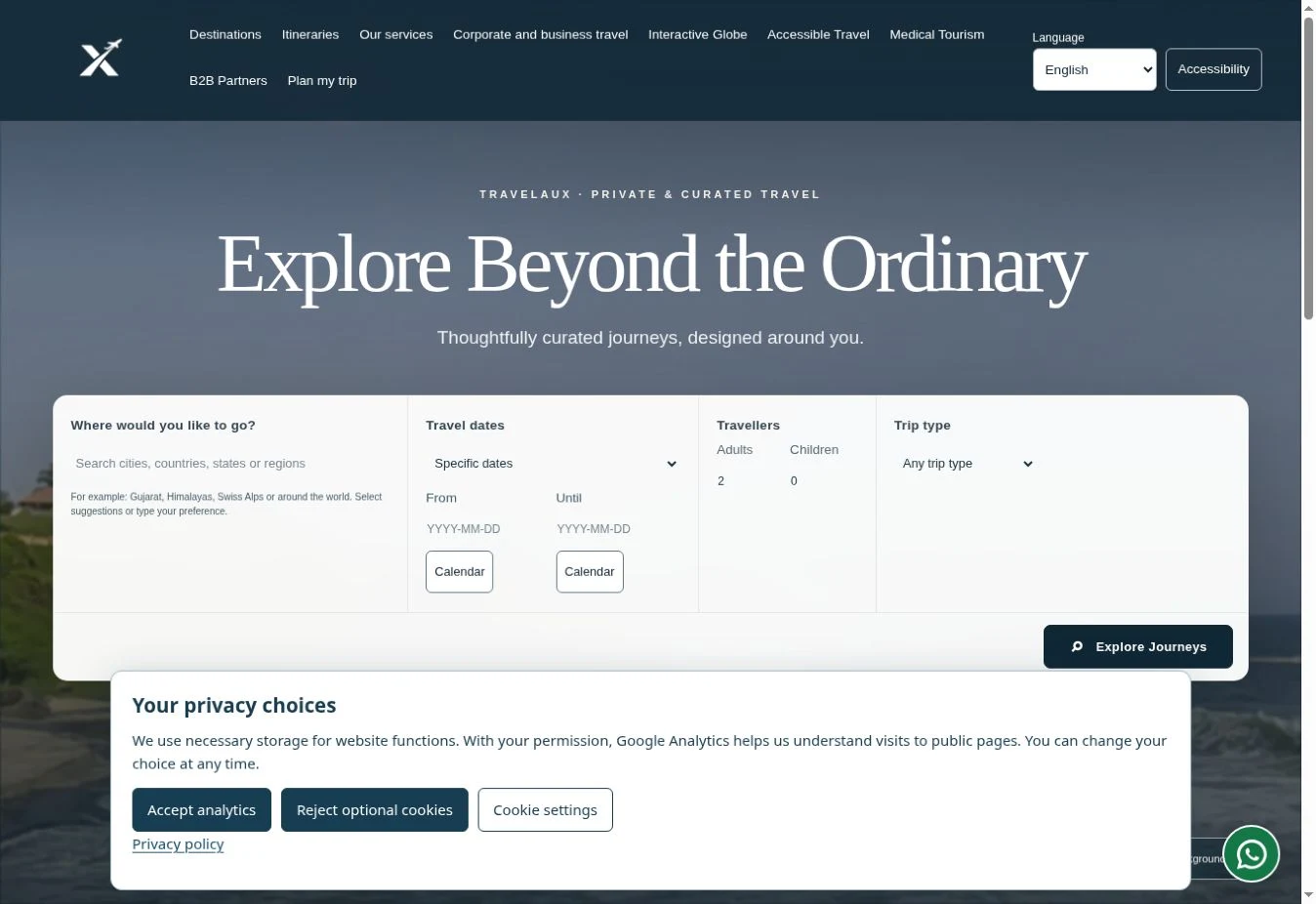 Travelaux homepage showing its journey search and travel experiences